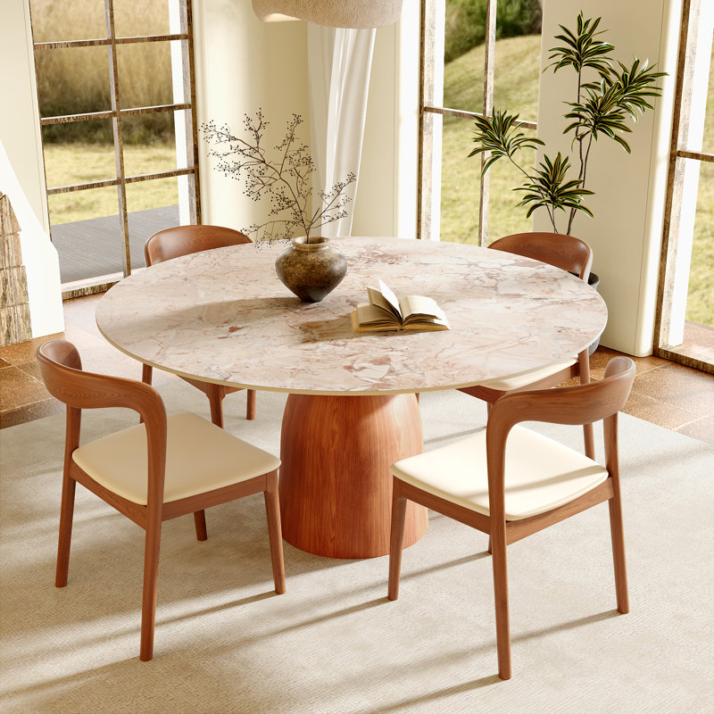 Mid-Century Modern Round Dining Table, 39"/43"/47"/53"/59" Sintered Stone Top, Solid Wood Base, Farmhouse Kitchen Table, Stain & Scratch Resistant