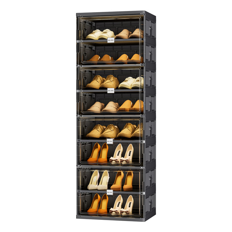  8-Tier Foldable Shoe Storage Cabinet With Magnetic Doors In Black, 8