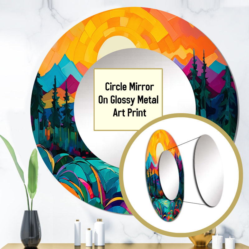 Haashir Vibrant Sunset Shining Over Mountains II - Mountains Decorative Mirror, Orange Wall Mirror, Printed Metal Art, Round