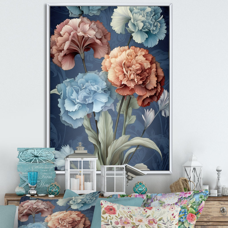 «Coral Blue Carnations Harmony II», reproduction sur toile, H 32 po x l 24 po, Cadre flottant blanc