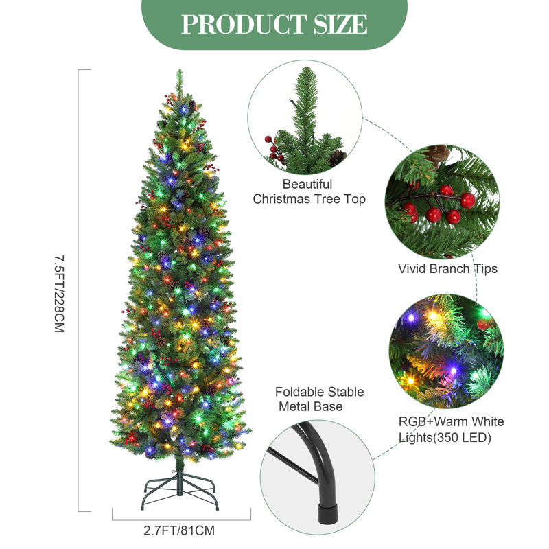 Arbre de Noël 7,5 pi avec 300 lumières DEL multicolores, 9 modes et 880 branches en PVC