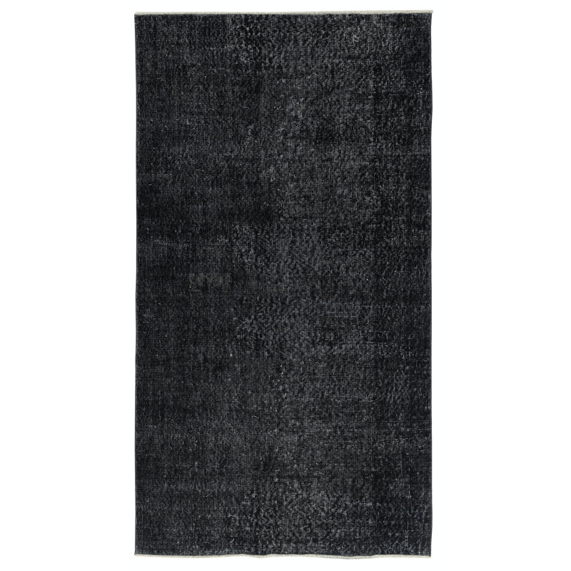 Tapis noir en laine surteint à la main 3,7 x 6,7 pi. Tapis turc rétro pour le salon