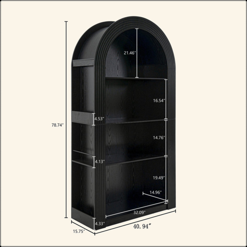 Bibliothèque arquée à 4 niveaux avec tablette de rangement ouverte pour salle à manger, salon et chambre à coucher, Noir