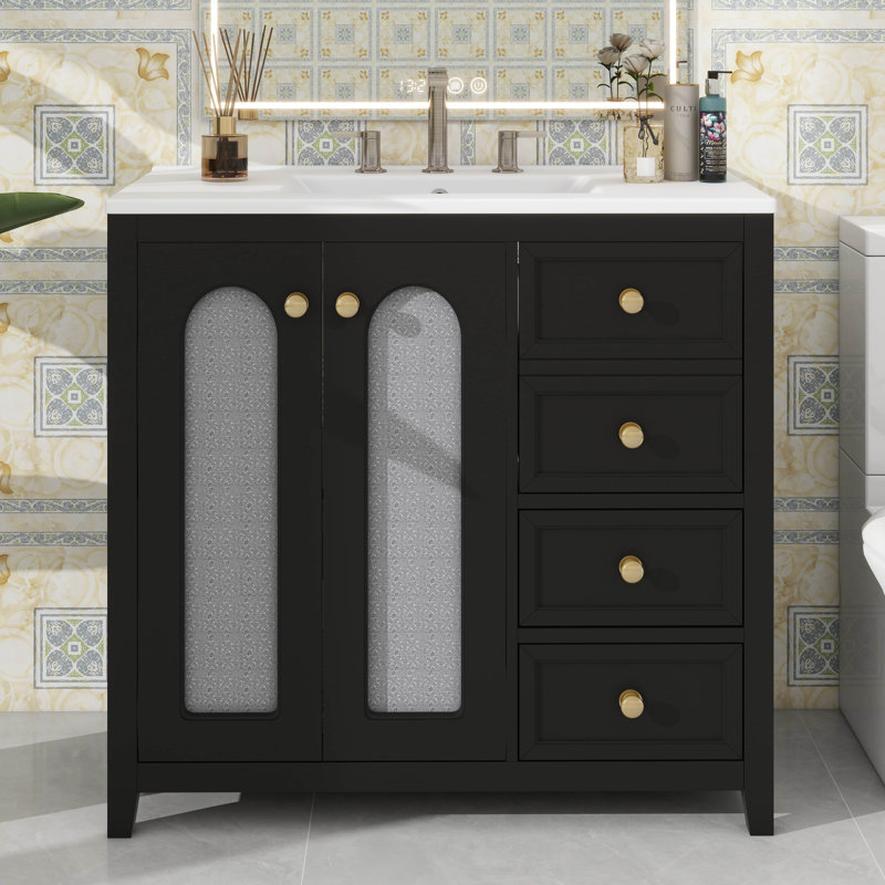 Ensemble de meuble-lavabo 36 po avec lavabo en céramique, armoire de rangement classique avec 2 portes en verre à fermeture en douceur classiques, tablettes réglables et trois tiroirs à fermeture en douceur