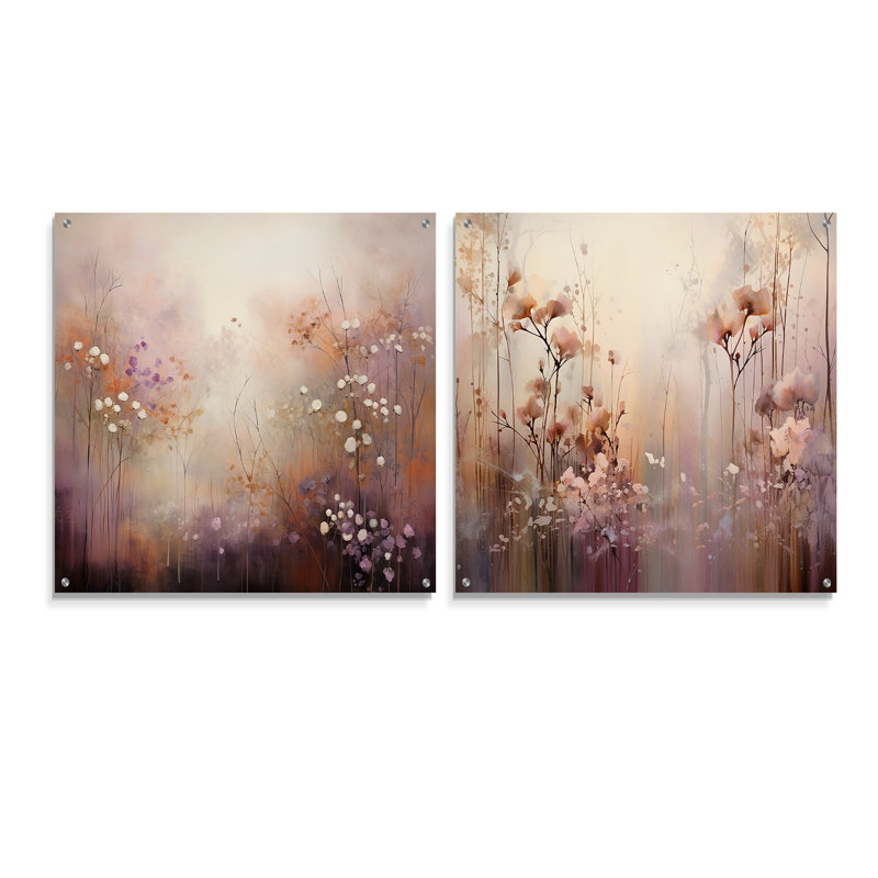 «Beige Botanical Impressions II», ensemble de 2 peintures murales abstraites en acrylique, H 16 po x l 33 po