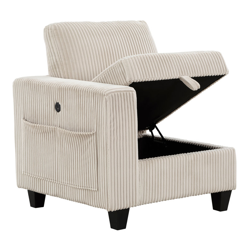 5 Modular Sectional For Home With Storage, Beige Corduroy Fabric & Side Pockets Modern Living Area Charging