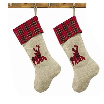 Reindeer Family Tartan Ruffle Christmas Stocking
