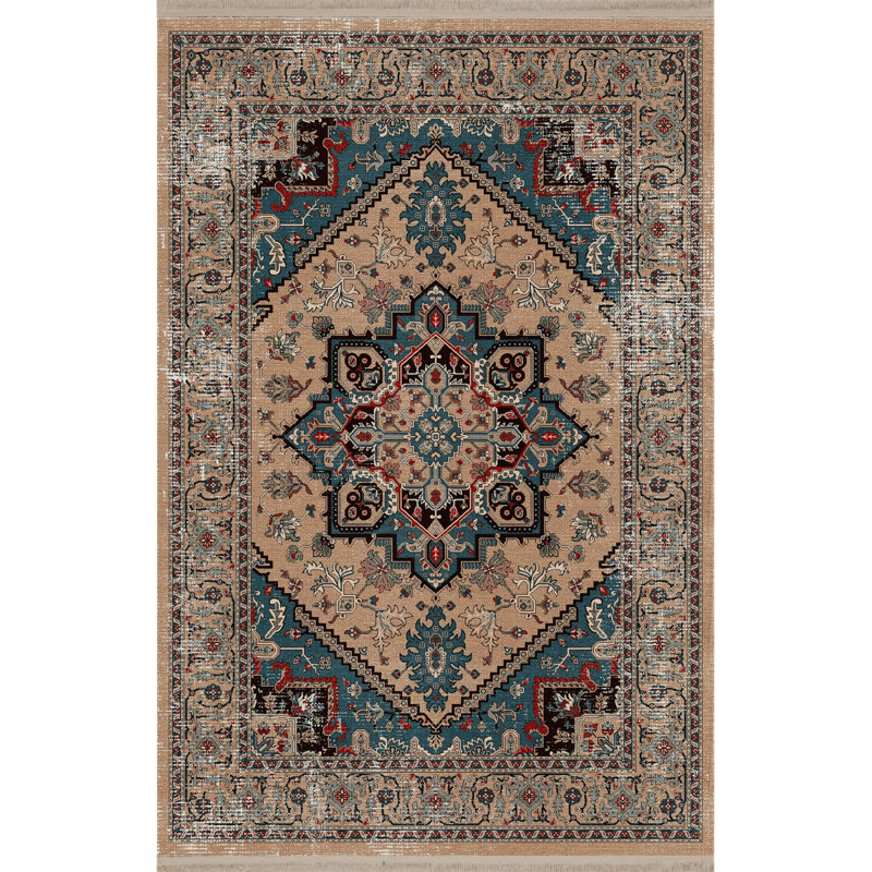 Tapis beige / bleu à motifs multicolores, Rectangle 5 pi 1,02 po x 7 pi 6,55 po
