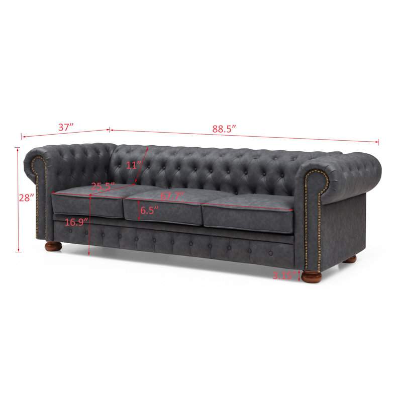 Kiryak 89'' Faux Leather Sofa, Dark Gray Faux Leather