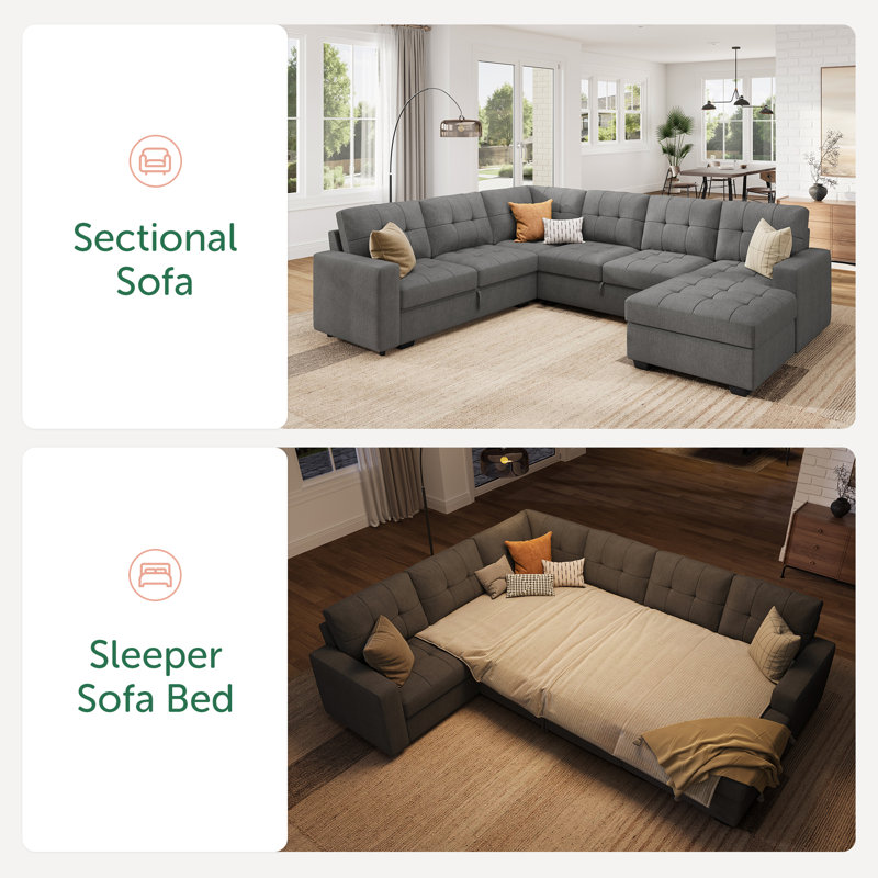 Cottone U-shaped Sleeper Sectional Pull Out Sofa Bed With Storage Chaise, Gray Polyester Blend
