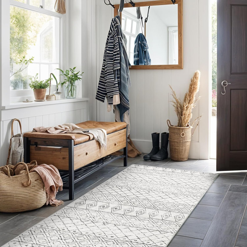 Entryway Rug Washable - Moroccan Small Area Rugs for Entryway Low Pile Indoor Mat Non Slip with Rubber Backing Thin Area Rug Pet Friendly for Front Door Kitchen Bedroom Geo Grey