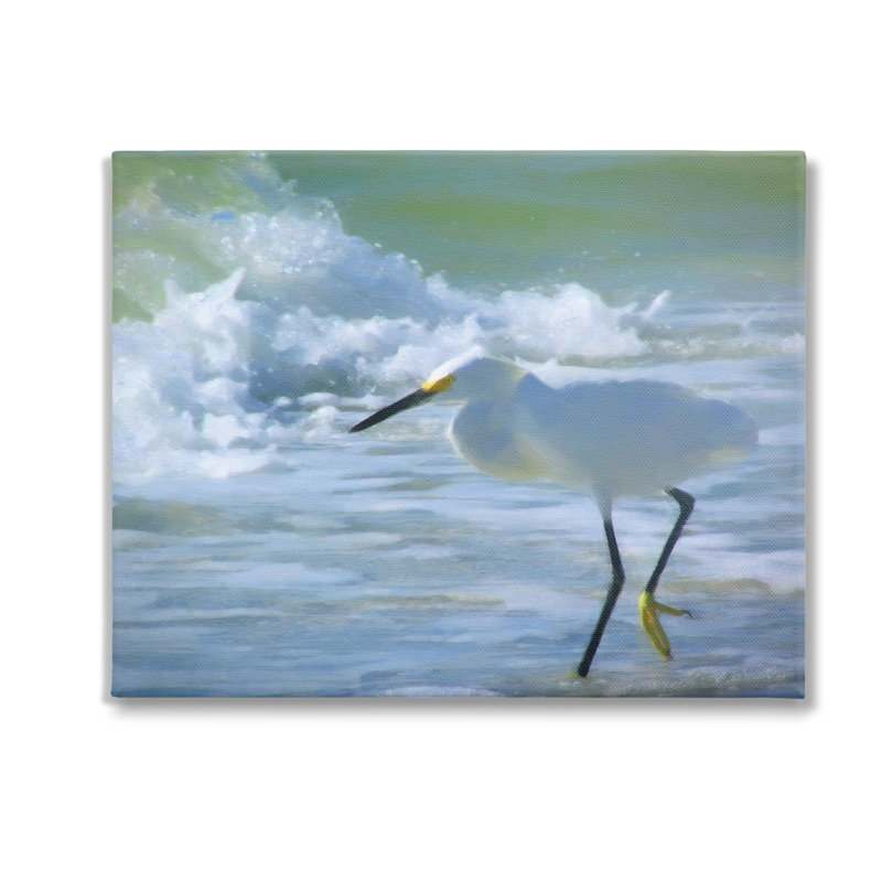 «Egret in Splashing Waves», art mural sur toile par GraffiTee Studios, H 24 po x l 30 po