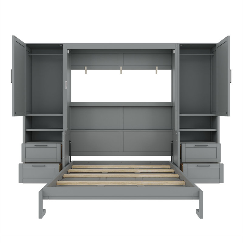 Armoire-lit escamotable gris avec garde-robe et tiroirs