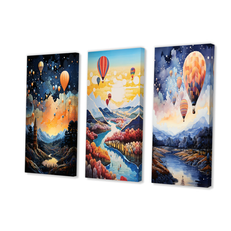«High Flying Fantasy Hot Air Balloon Adventure», ensemble d'art mural sur toile en montgolfière, Toile tendue