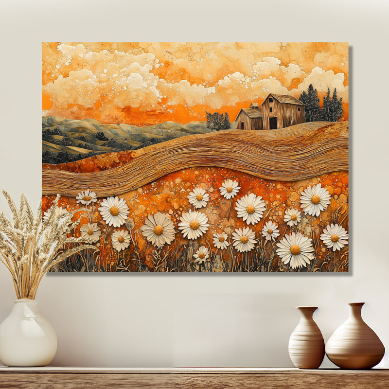 «Daisies Flowers Barn Bold Landscape II», reproduction d'art traditionnelle en métal, décoration murale en métal marguerites