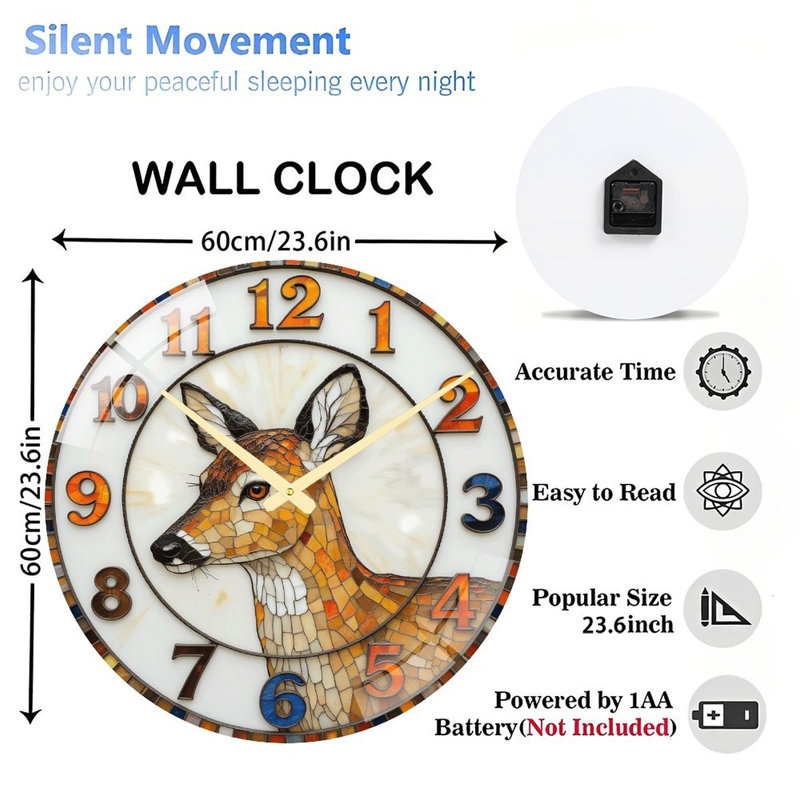Horloge murale décorative en mosaïque représentant un cerf - 61 cm (24 pouces) - Style moderne - Verre