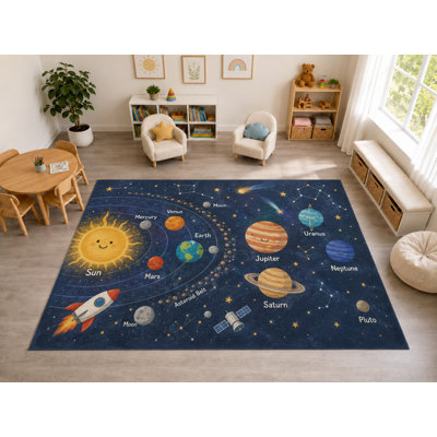 "Ultra Thin" Large 6'7" x 9'10" Solar System Area Rug Carpet Soft Low Pile Indoor Rug with Non-Slip Silicone Backing, Kids Room
