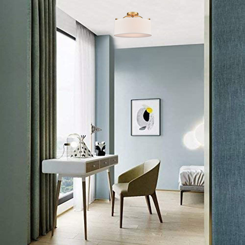 3-light Flush Mount Ceiling Light Metal Light Fixture With Drum Linen Shade, Gold