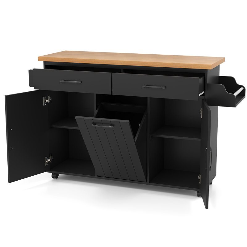 Rolling Kitchen Island Kitchen Cart with Tilt-out Trash Cabinet Island Table, Black