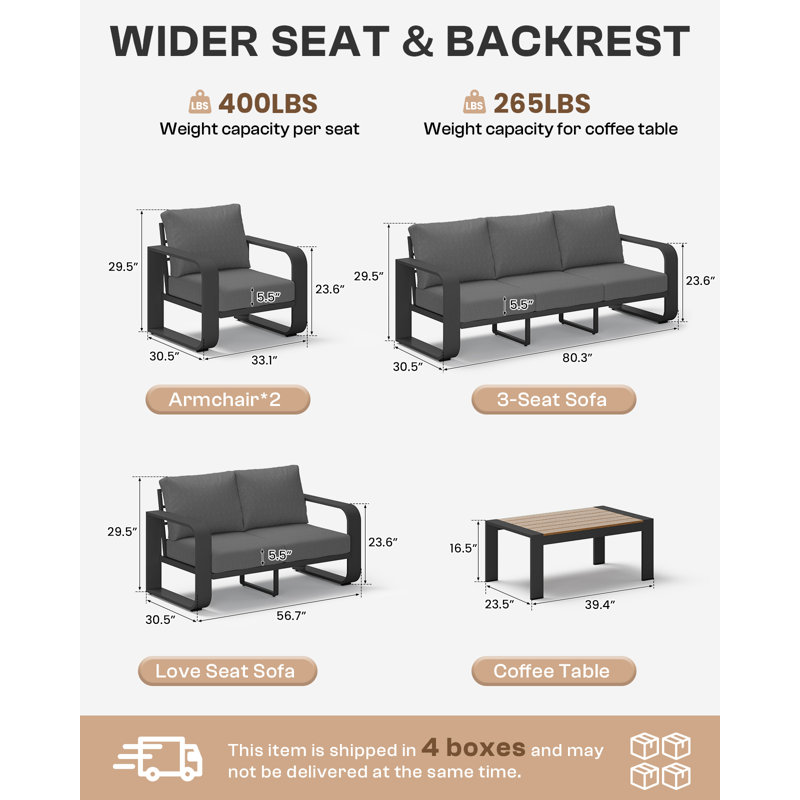 5PCS Outdoor Conversation Set, 5 Pcs: Table, Loveseat, Sofa, 2 Armchairs, Dark Gray Cushion/Black Frame