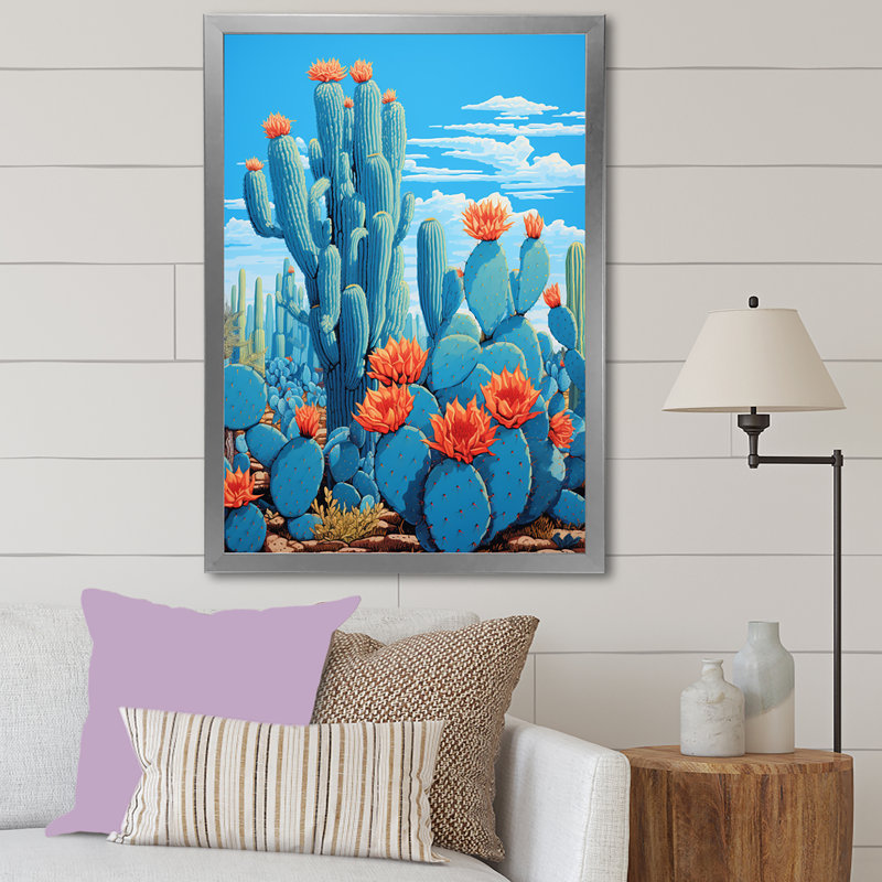 Cerulean Blue Cactus Collage sur toile, H 32 po x l 16 po x P 1 po, Cadre simple argenté