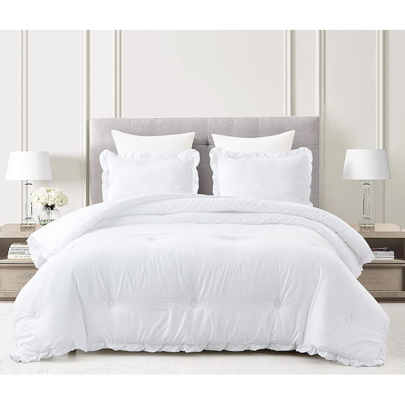 Nora Washed Microfiber Ruffled Comforter Set, White, King Comforter + 2 King Shams