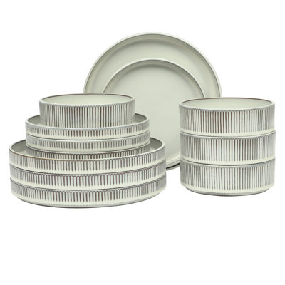 Gibson Elite 12 Piece (Service for 4) Townscape Plates and Bowls Reactive Glaze Embossed Round Dishes Terracotta Ceramic Dinnerware Set