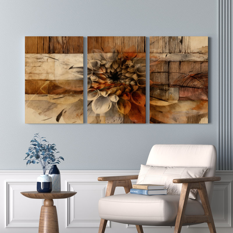 Ensemble de 3 tableaux abstraits à motif floral et texture bois, sur toile tendue, pour la décoration du salon et de la chambre.