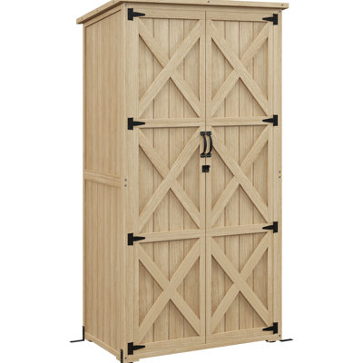 Remise de jardin en bois naturel - Toit d'asphalte imperméable, armoire de rangement verrouillable avec tablettes pour outils de jardin et équipement de piscine, caractéristique extérieure en bois, toit