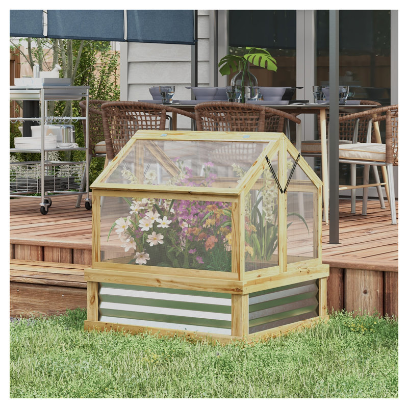 Lit de jardin surélevé en bois avec couverture de serre en polycarbonate Outsunny, finition naturelle