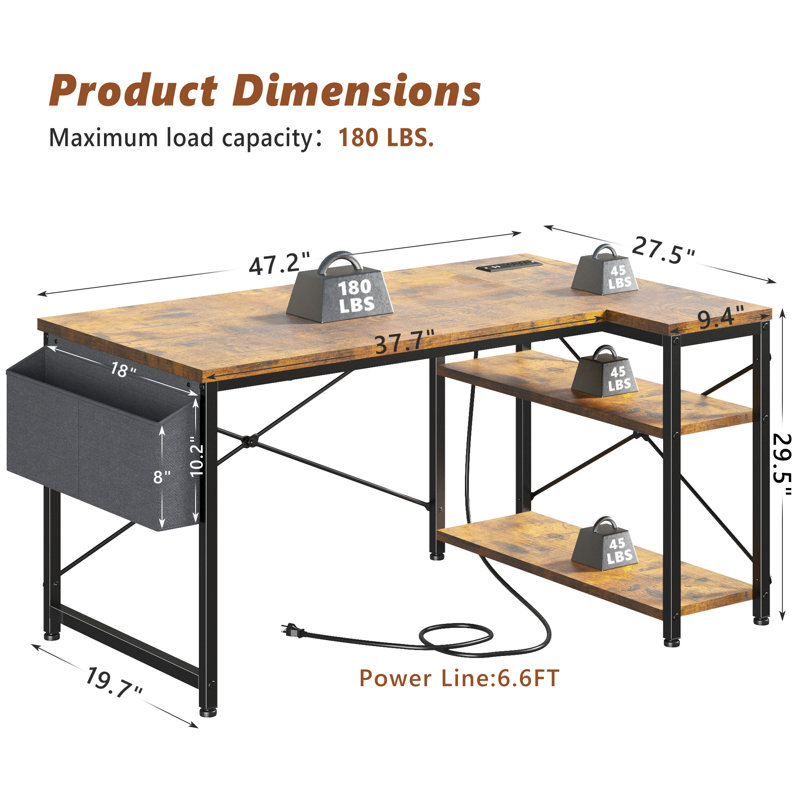 Bureau d'ordinateur en bois manufacturé en L Ciupan avec prise de courant, H 29,5 po x l 47,2 po x P 27,5 po, Noir / brun