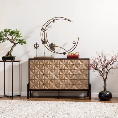 Solid Wood Mid-Century Modern Sideboard with Geometric Pattern, 6 Drawer Dresser Cabinet for Living Room, Dining Room, Kitchen - Natural Wood