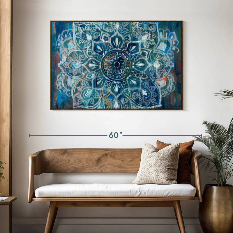 Mandala en bleu II, 46 po x 31 po, Cadre flottant en noyer