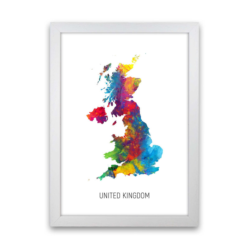 United Kingdom Watercolour Map by Michael Tompsett - Print, White Framed, 46cm H x 34cm W x 3cm D
