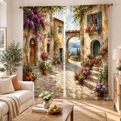 2Pcs European Countryside Floral Curtains, Vintage Italian Village Scene Romantic Living Room Bedroom Kitchen Rod Pocket Window Drapes, Decorative Home Decor and Accessories