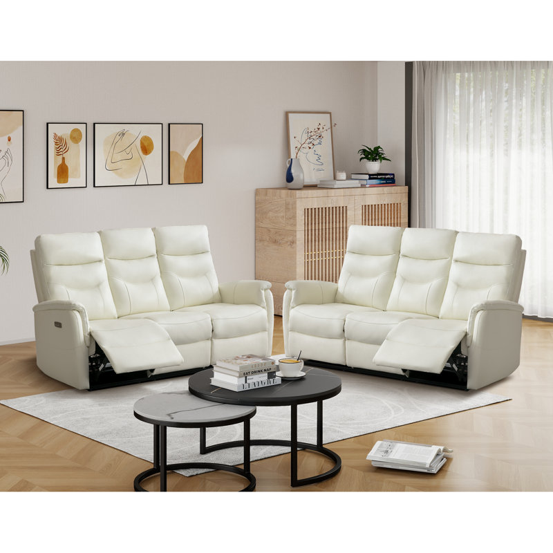 Canapé inclinable électrique à haut dossier de 72,4 po avec port USB Angellie (ensemble de 2), Cuir véritable ivoire