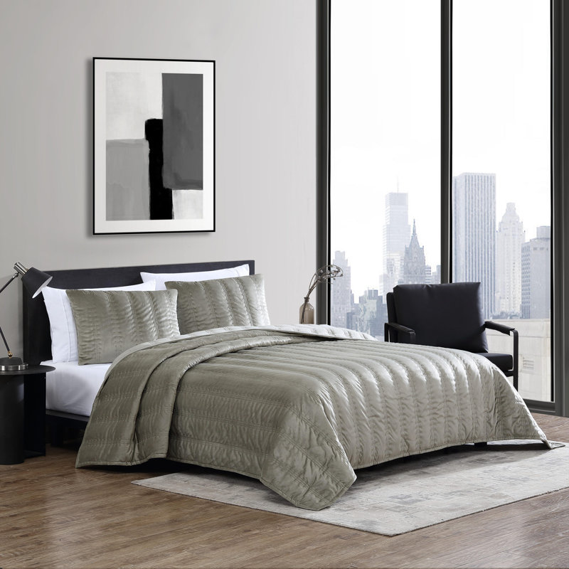 Vera Wang Linear Stitch Solid Quilt Set, Silver Leaf, King Quilt + 2 King Shams