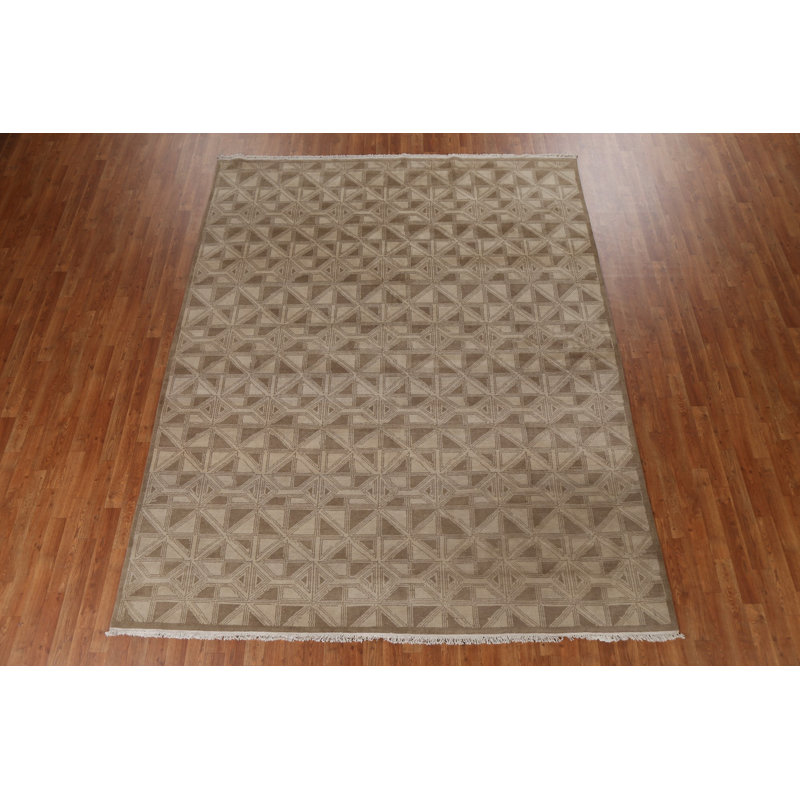 Tapis beige / brun en laine noué à la main de conception unique 8 pi x 9 pi 11 po New Age
