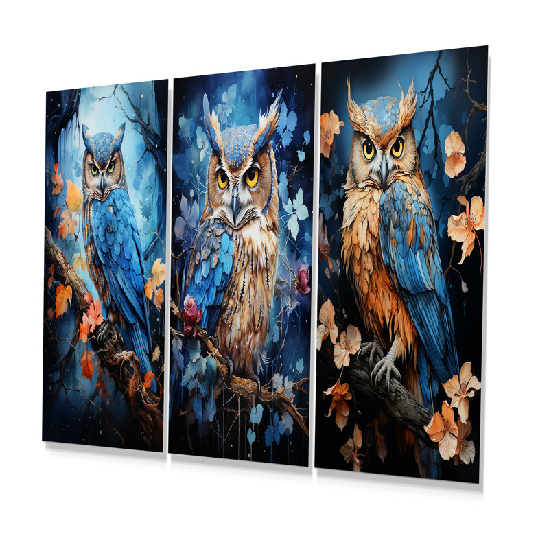 Blue Owls Moonlight Realm - Owl Metal Wall Art Prints Set Of 3, 28" H x 36" W