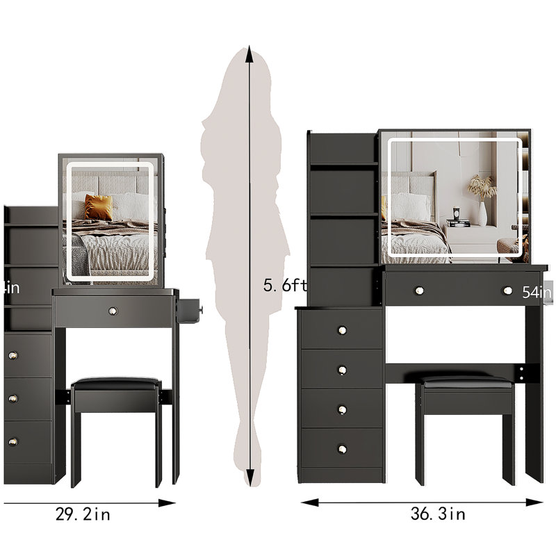 29.2" Small Size Left Bedside Cabinet Vanity Table + Cushioned Stool,2 AC+2 USB Power Station,Hair dryer bracket,Extra Large Touch Control Sliding LED Mirror,Tri-color Switching,Brightness Adjust