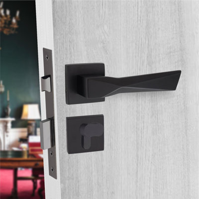  Modern Aura Euro Lock Door Handles in Matt Black Finish with 70mm Key and Thumbturn Barrell