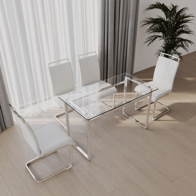 Modern Tempered Glass Dining Table Set With Silver Plating, Ideal For Kitchens And Dining Rooms