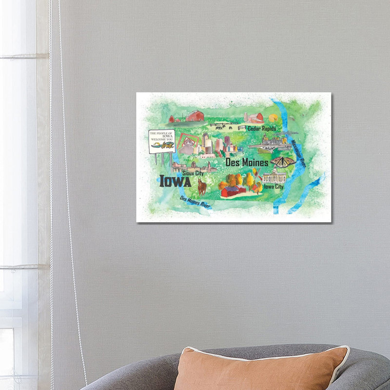 USA, Iowa Illustrated Travel 1 Piece Wrapped Canvas Wall Art, 66.04 cm H x 45.72 cm W x 3.175 cm D