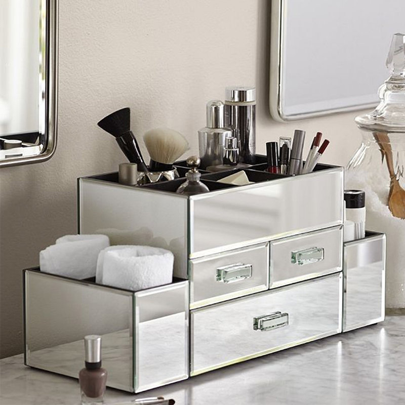 Organisateur de maquillage/bijoux à plusieurs niveaux avec miroir à 3 tiroirs Morrell, argent