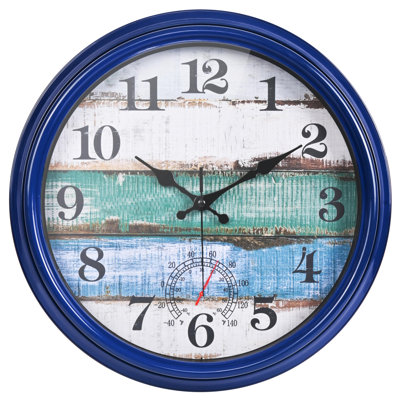 Large Outdoor Clock Waterproof With Thermometer Vintage Rustic Coastal Clock For Pool Garden Patio (16 Inch,Dark Blue)