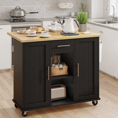 Rolling Kitchen Island Cart With Butcher Block Top – Portable Workstation With Storage Shelves & Locking Wheels