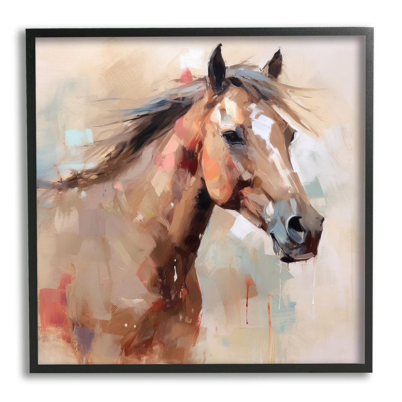 Az-079 - Peinture cheval moderne encadrée, H 12 po x l 12 po x P 1,5 po, Giclée encadrée noir minuit