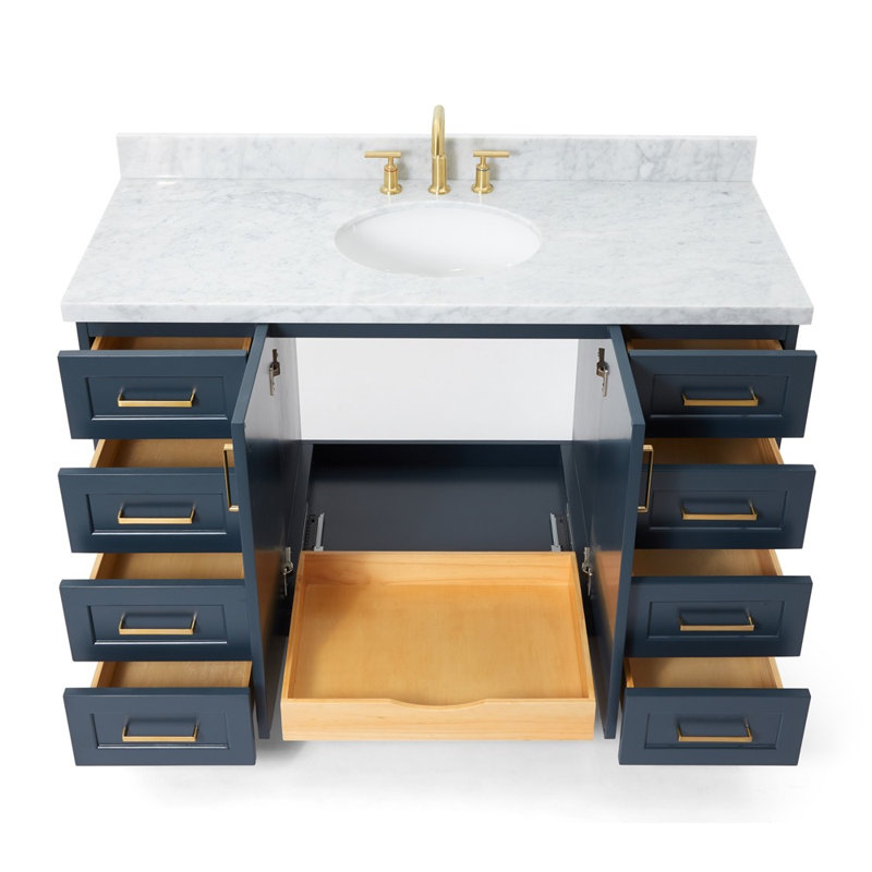 Freitas 55'' Solid Wood Single Bathroom Vanity in Midnight Blue with 1.5'' Carrara Marble Top, Center, Oval Sink, Oval