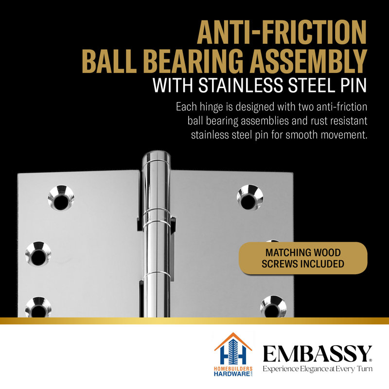 5" H x 5" W Solid Brass Ball Bearing Single Butt Door Hinge, Polished Chrome