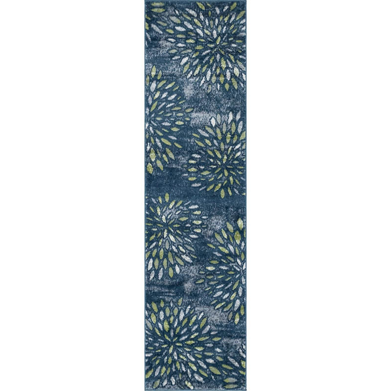 Tapis abstrait Aamia, Bleu, Tapis de couloir 2 pi 7 po x 10 pi